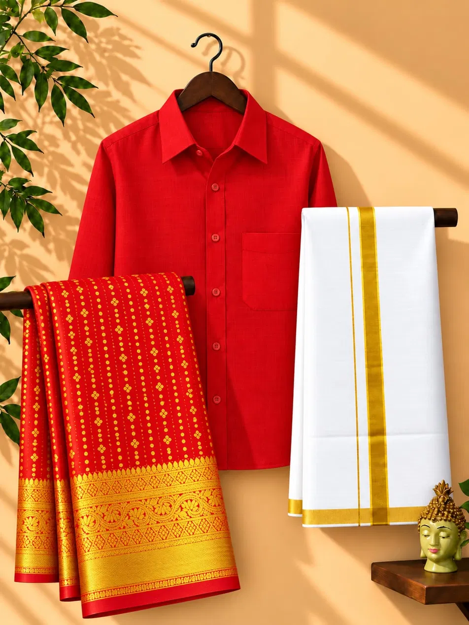 Bright Red Gold Zari Couple Combo Set